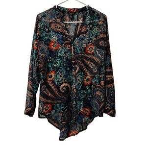 ROCK47 SHEER ROUNDED FLOWING BUTTON FRONT TUNIC Top Size Medium Western Colorful